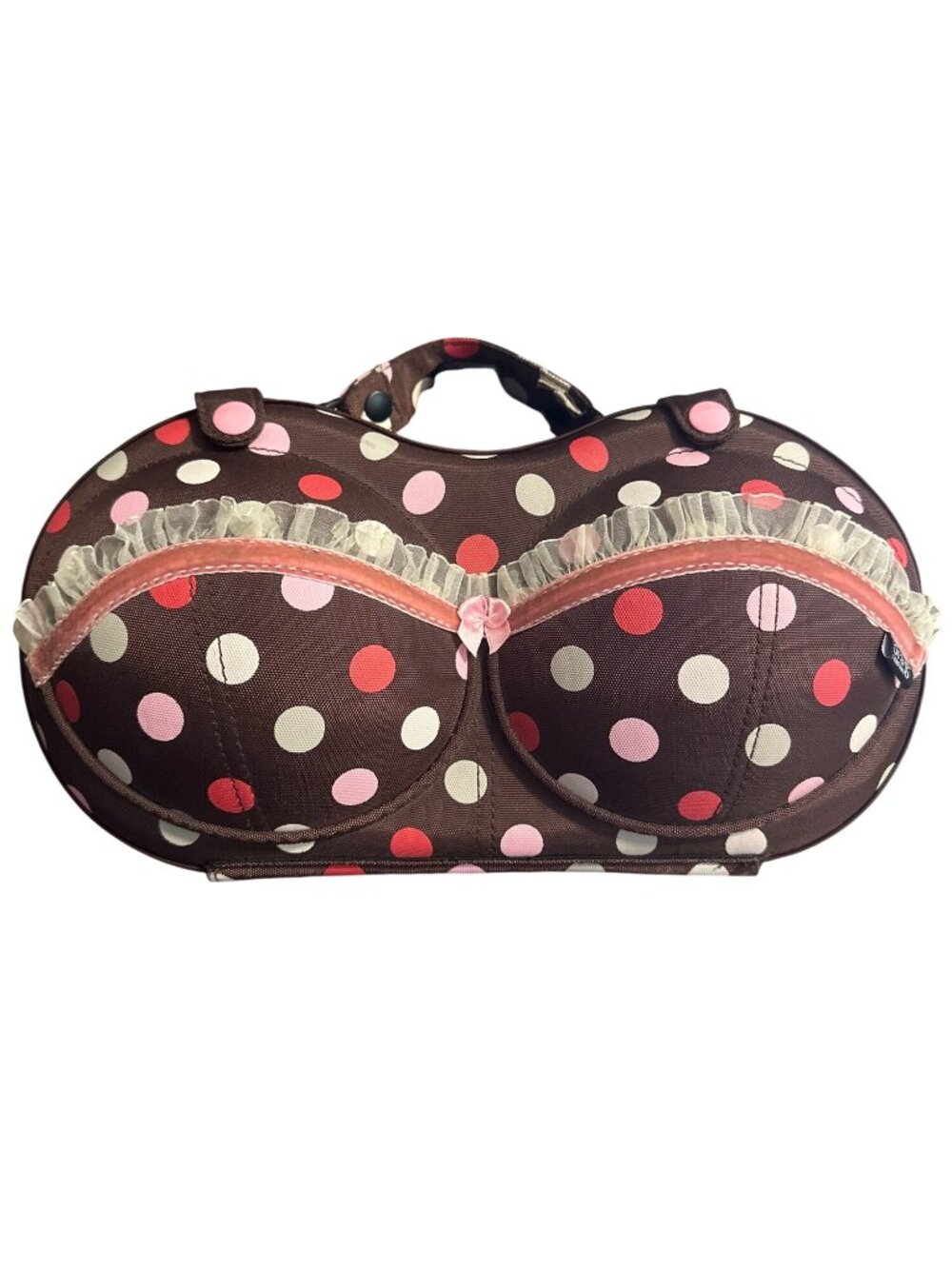 Brown Polka Dot Bra Travel Case With Ruffled Trim & Handle - Picture 5 of 6